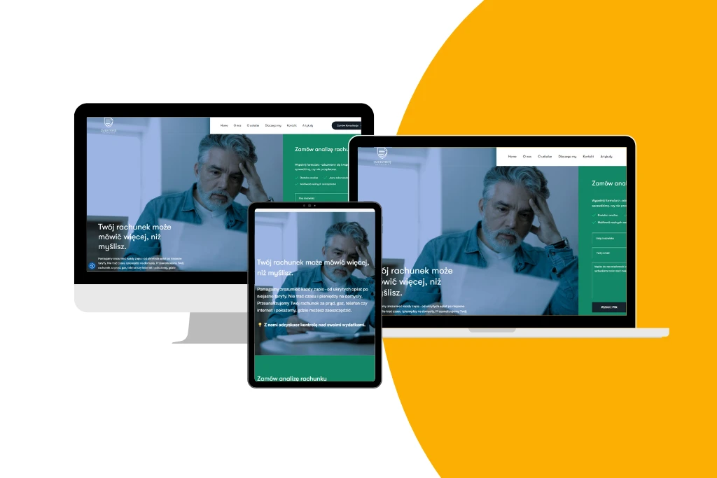 Widok strony Zweryfikuj Rachunek na monitorze, laptopie i smartfonie – przykład responsywnego projektu