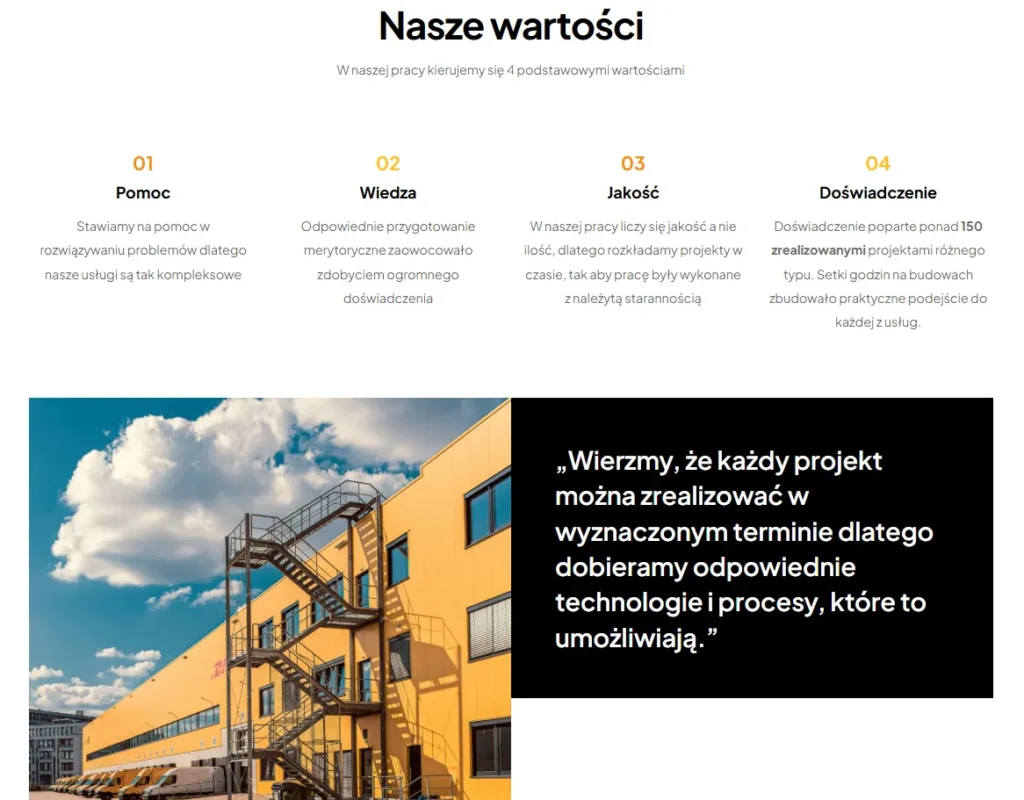 Infografika przedstawiająca wartości firmy Soilum: pomoc, wiedza, jakość i doświadczenie, z cytatem o realizacji projektów na czas