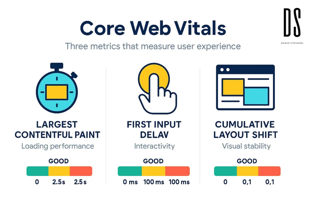 Infografika przedstawiająca wskaźniki Core Web Vitals: LCP, FID i CLS z kolorową skalą oceny