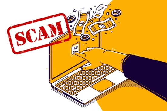 Ilustracja przedstawiająca ikonę czatu AI na tle reklamowych banerów