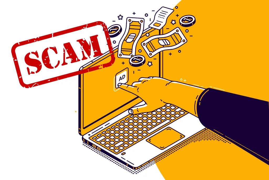 Ilustracja przedstawiająca ikonę czatu AI na tle reklamowych banerów