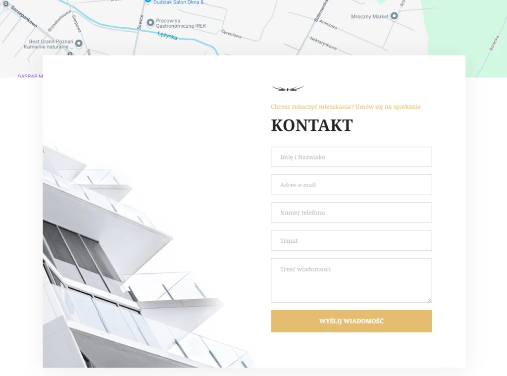 Formularz kontaktowy na stronie internetowej stworzonej przez DS Marketing dla firmy z branży nieruchomości