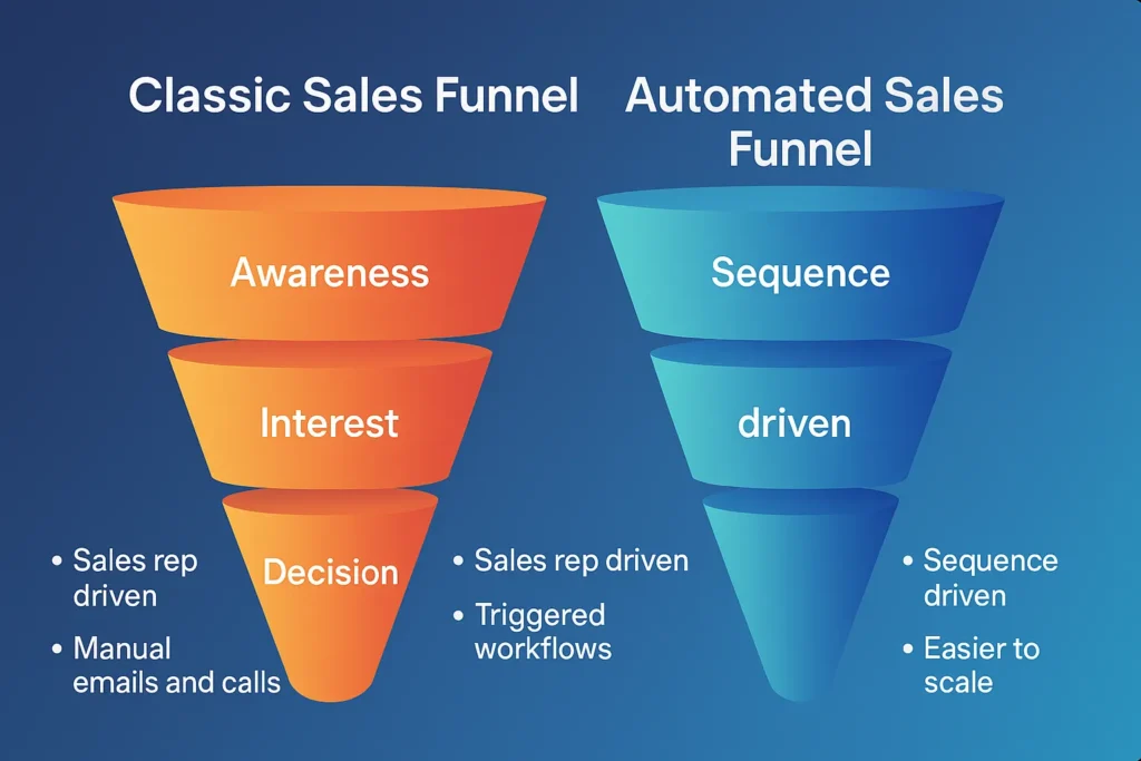 Infografika porównująca klasyczny lejek sprzedażowy z automatycznym lejkiem opartym na sztucznej inteligencji – pokazuje różnice w etapach i narzędziach.