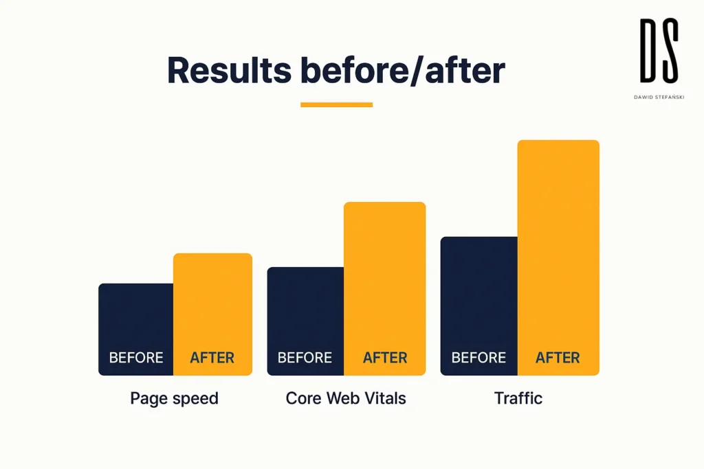 Wykres słupkowy porównujący szybkość strony, wynik Core Web Vitals i ruch przed i po optymalizacji