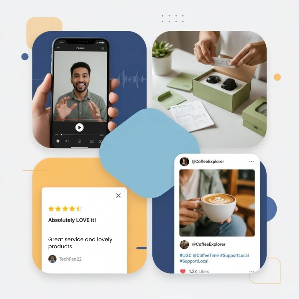 Kolaż zawierający recenzję wideo na smartfonie, zdjęcie produktu z unboxingu, tekstową opinię z pięcioma gwiazdkami i post na Instagramie prezentujący produkt.
