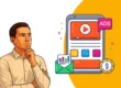 Ilustracja mężczyzny w koszuli, z dłonią na podbródku, patrzącego w stronę grafiki przedstawiającej tablet z odtwarzaczem wideo, oznaczony jako "ADS". Obok znajdują się ikony koperty z wykresem i monety z symbolem dolara.