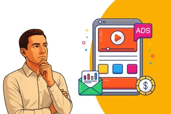 Ilustracja mężczyzny w koszuli, z dłonią na podbródku, patrzącego w stronę grafiki przedstawiającej tablet z odtwarzaczem wideo, oznaczony jako "ADS". Obok znajdują się ikony koperty z wykresem i monety z symbolem dolara.