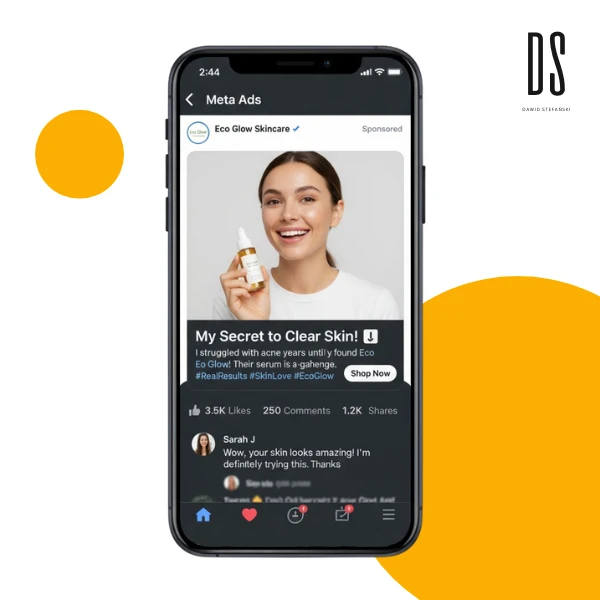 Ekran smartfona z reklamą Facebook (Meta Ads) przedstawiającą klienta w wideo-testimonialu produktu do pielęgnacji skóry, z autentycznym komentarzem i wysokim zaangażowaniem.