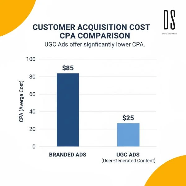 Wykres słupkowy porównujący średni koszt pozyskania klienta (CPA), gdzie reklamy Branded kosztują 85$, a reklamy UGC (User-Generated Content) 25$.