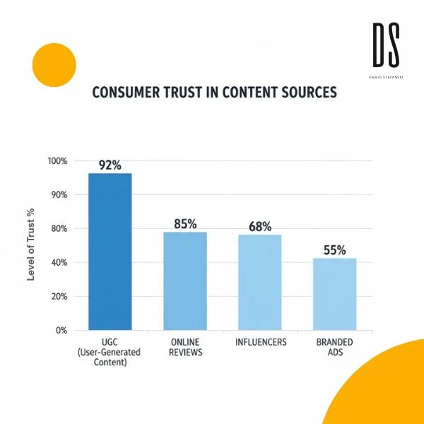 Wykres słupkowy pokazujący, że UGC (92%) ma najwyższe zaufanie konsumentów w porównaniu do recenzji online (85%), influencerów (68%) i reklam markowych (55%).