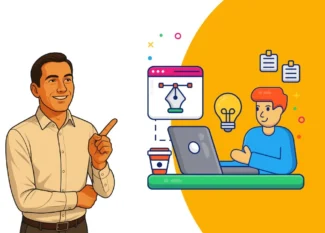 Uśmiechnięty mężczyzna (właściciel firmy/ekspert) wskazujący na copywritera pracującego na laptopie, obok ikony narzędzia do projektowania, żarówki (pomysłu) i listy zadań – symbolizujące strategię i tworzenie treści dla MŚP.