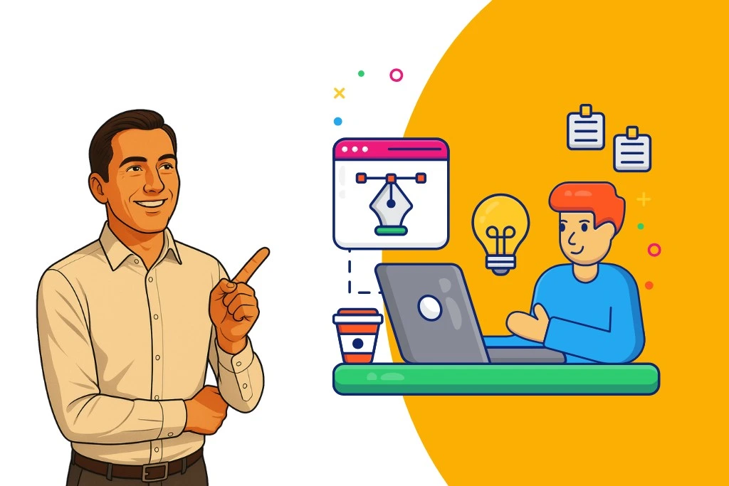 Uśmiechnięty mężczyzna (właściciel firmy/ekspert) wskazujący na copywritera pracującego na laptopie, obok ikony narzędzia do projektowania, żarówki (pomysłu) i listy zadań – symbolizujące strategię i tworzenie treści dla MŚP.