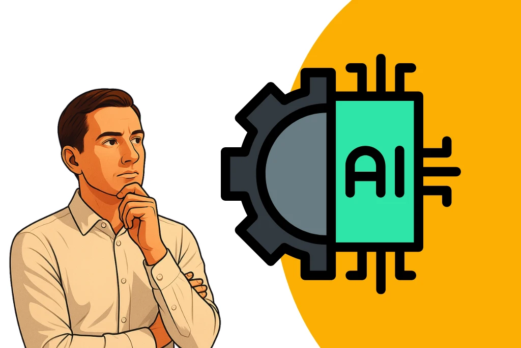 Ilustracja przedstawiająca stratega DS Marketing analizującego procesy biznesowe obok symbolu sztucznej inteligencji, co obrazuje filozofię diagnozy przed receptą oraz automatyzację kwalifikacji klientów za pomocą AI.